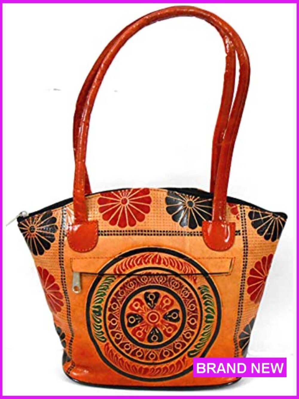 Hand Embossed Leather Shoulder Bag Vintage Ethnic Baguette Purse Zippered - Picture 5 of 7